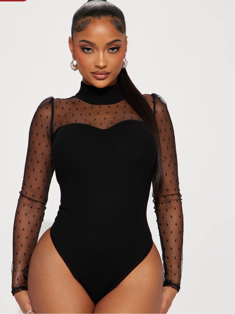 Fashion Nova Black Sheer Polka Dot Mock Neck Bodysuit
